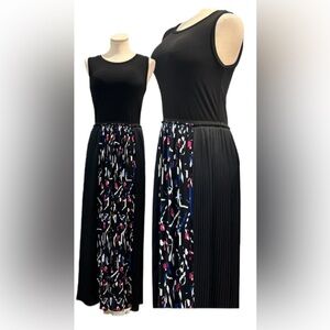 DKNY size XS sleevless pleated column maxi dress in black, blue and pink